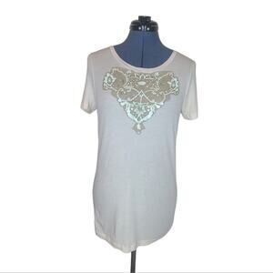 J. Crew short sleeve cream semi-sheer t-shirt sequin and lace graphic Large